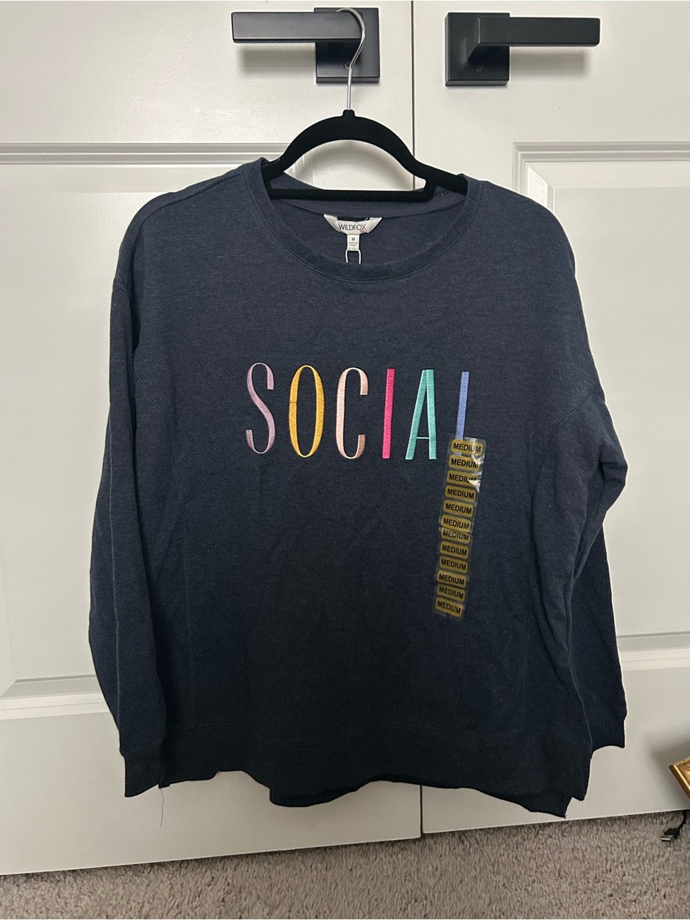 Wildfox Navy Crewneck Sweater with Multicolor "SOCIAL" Embroidery